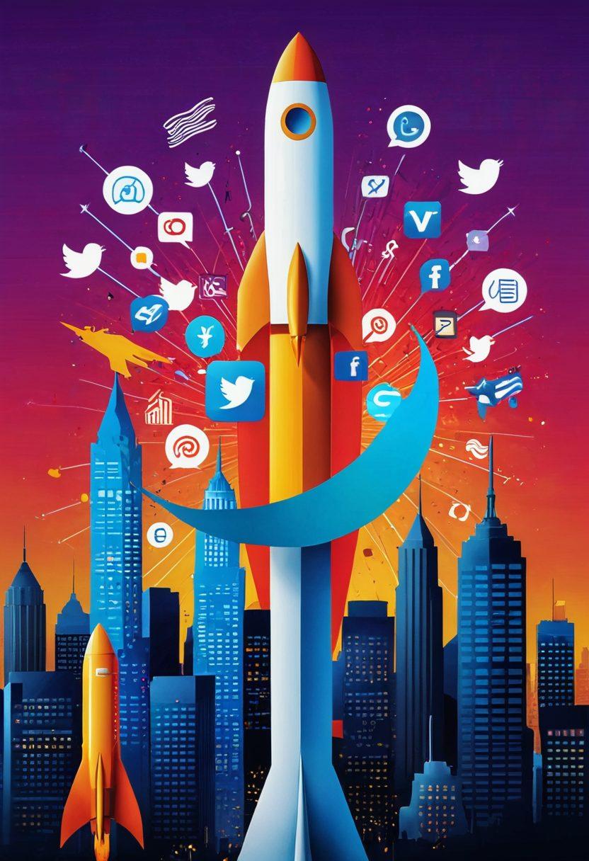 A dynamic collage showcasing social media icons, a megaphone amplifying sound waves, and a rocket ship launching upwards, symbolizing brand growth and virality. The background features a vibrant city skyline with bright colors to convey energy and excitement. Include elements like charts and graphs indicating upward trends for added depth. super-realistic. vibrant colors. white background.