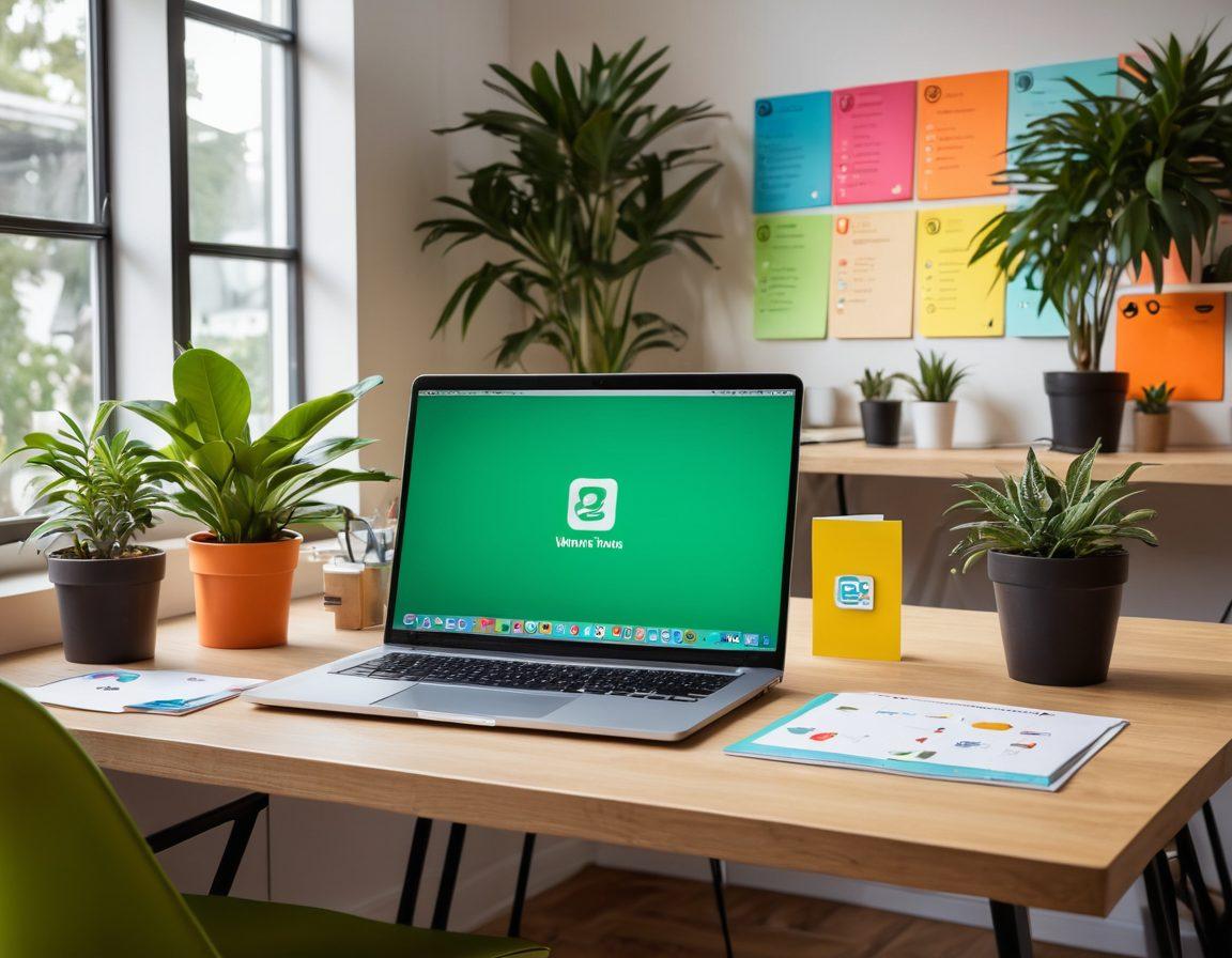 A stylish workspace featuring a laptop displaying social media platforms, surrounded by colorful branding materials like logos and business cards. In the background, a vibrant plant adds a touch of nature, while sticky notes with creative ideas are scattered around. The scene is illuminated with soft, warm lighting, evoking an inviting and innovative atmosphere. Bright colors and sleek designs symbolize modern branding trends. super-realistic. vibrant colors. soft lighting.
