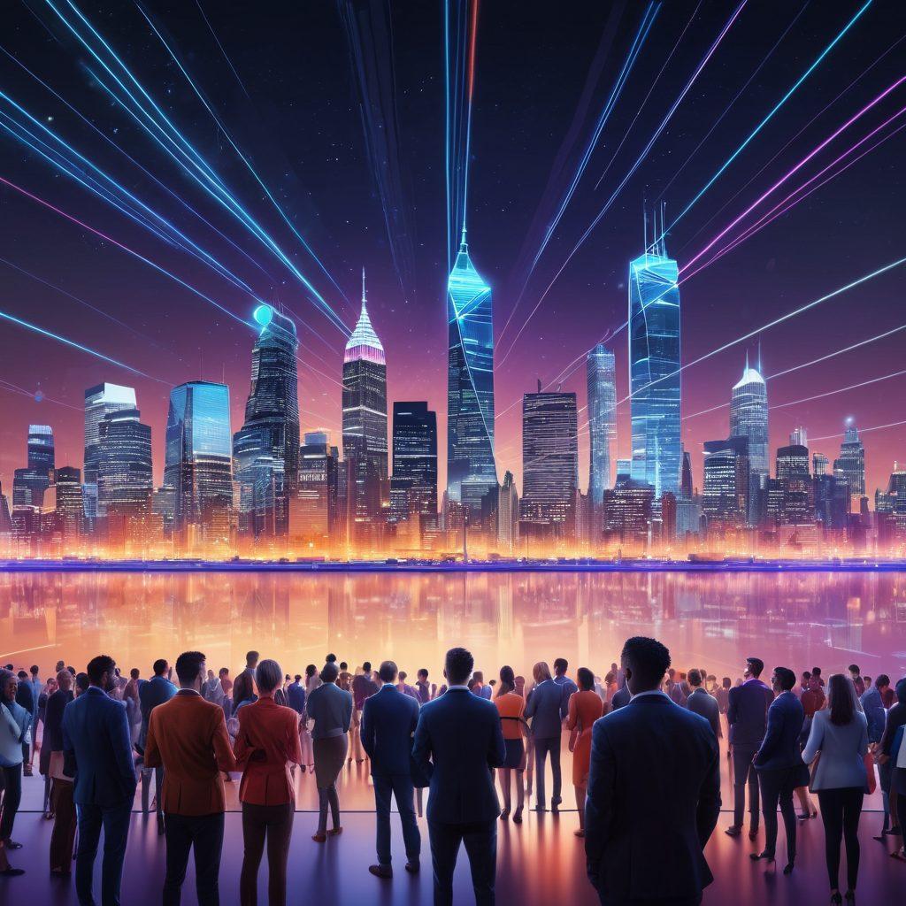 A dynamic scene depicting diverse professionals exchanging ideas at a vibrant networking event, with glowing connection lines visually representing their shared interests and brand recognition. The background features a modern city skyline symbolizing growth and opportunity, while floating icons of social media, branding, and collaboration surround them. super-realistic. vibrant colors. 3D.
